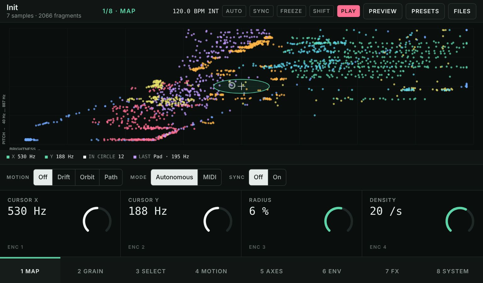 WaveAtlas screen: thousands of coloured dots, each a sound fragment, arranged by brightness and pitch, with the play cursor in the middle