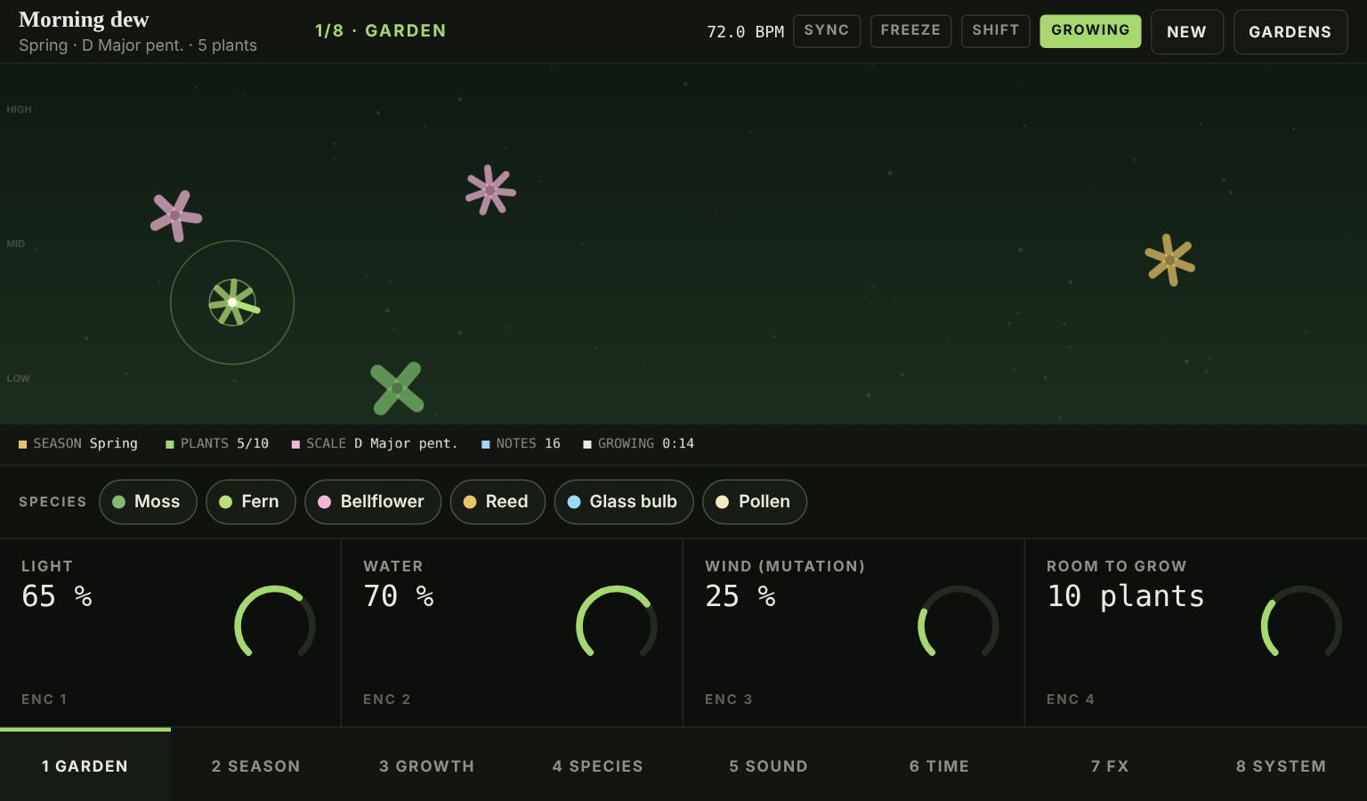 WaveGarden screen: flower-shaped plants growing in a dark green garden